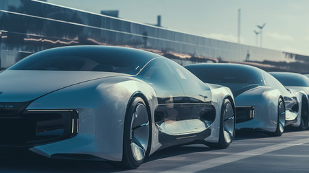 Futuristic car vehicles on highway with full self driving. AI generated illustrationの素材