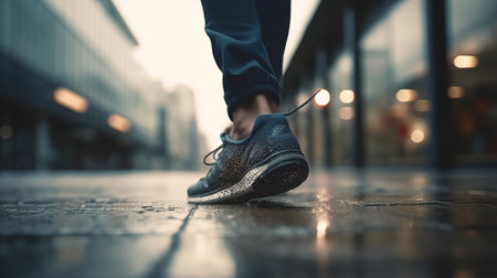 Close-up of sneakers on the street at sunset. Al generated illustrationの素材