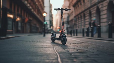 E-bikes, scooters safety. Riding e-scooter in urban environment close up. AI generated illustrationの素材