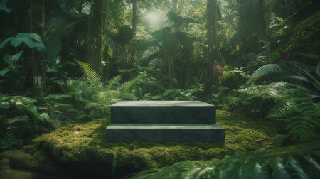 A stone podium for product presentation in a lush green jungle forest environment. Mock-up. AI generated illustrationの素材