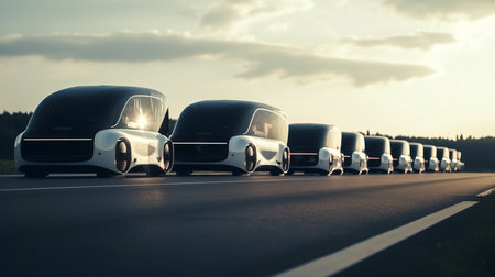 Futuristic car vehicles on highway with full self driving. AI generated illustrationの素材