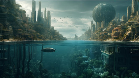 A water world with cities built on the surface. AI generated illustrationの素材