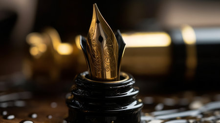 A close-up of the crisp nib on a fountain pen. AI generated illustrationの素材