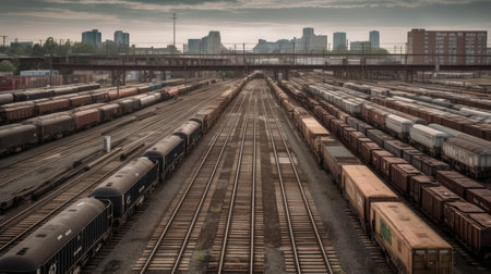 A train yard with lines of boxcars waiting. AI generated illustrationの素材
