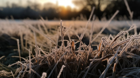 A frosty blade of grass at dawn. AI generated illustrationの素材