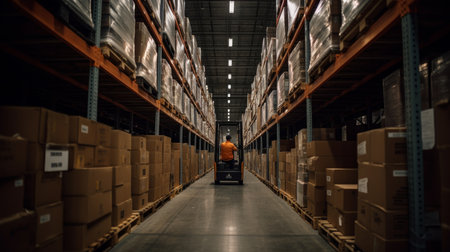 A warehouse worker driving a forklift through narrow. AI generated illustrationの素材
