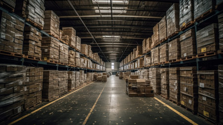 A warehouse with rows of stacked boxes. AI generated illustrationの素材