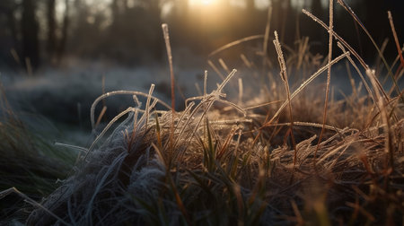A frosty blade of grass at dawn. AI generated illustrationの素材