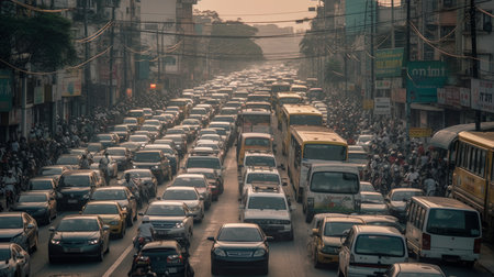 A traffic jam on a busy road. AI generated illustrationの素材