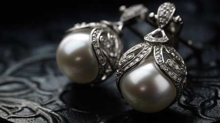 Pearl earring with silver detail, close-up. AI generated illustrationの素材