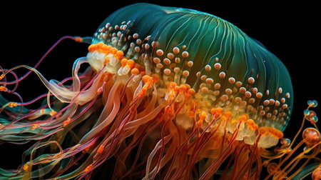 A magnified portrayal of a jellyfish tentacles. AI generated illustrationの素材