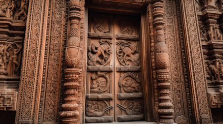 Intricate carvings old wooden door, close-up. AI generated illustrationの素材