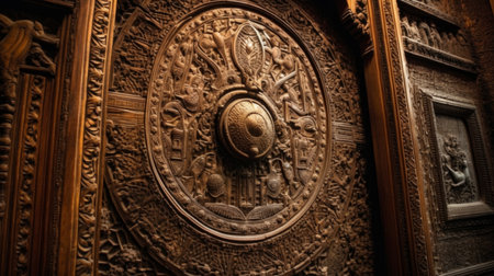 Intricate carvings old wooden door, close-up. AI generated illustrationの素材