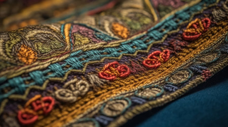 Intricate stitches in fabric from colored threads. AI generated illustrationの素材