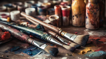Art supplies, including paint and brushes. AI generated illustrationの素材