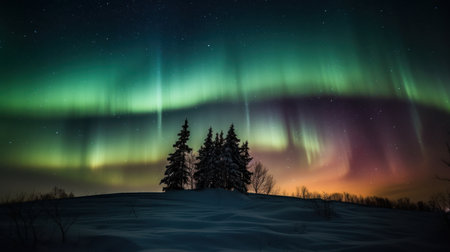 Shifting colors in aurora borealis landscape. AI generated illustrationの素材