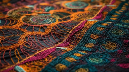 Intricate stitches in fabric from colored threads. AI generated illustrationの素材