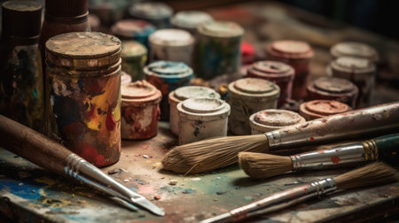 Art supplies, including paint and brushes. AI generated illustrationの素材