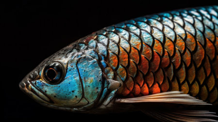 Shimmering scales on fish close-up. AI generated illustrationの素材