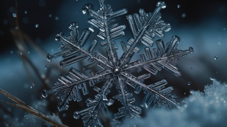 A close-up of a snowflakes unique shape and pattern. AI generated illustrationの素材