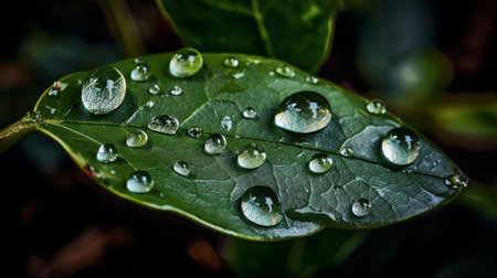 A drop of water balancing on the edge of a leaf. AI generated illustrationの素材