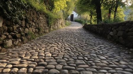 The hard cobblestones on a centuries old road. AI generated illustrationの素材