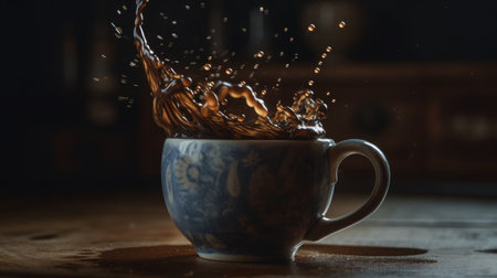 Aromatic dark roast swirling in a mug. AI generated illustrationの素材