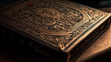 Ornate design on book cover, close-up. AI generated illustrationの素材