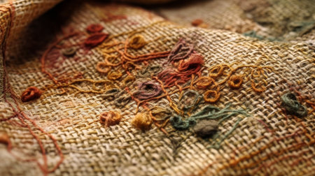 Intricate stitches in fabric from colored threads. AI generated illustrationの素材