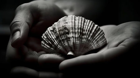 Ridges of seashell in hand. AI generated illustrationの素材