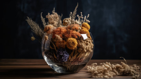 Dried flowers arranged in a glass vase. AI generated illustrationの素材