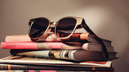 Stack of fashion magazines with sunglasses and lipstick. AI generated illustrationの素材