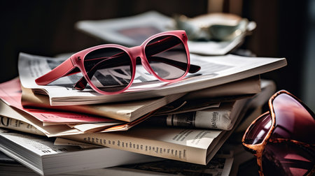Stack of fashion magazines with sunglasses and lipstick. AI generated illustrationの素材