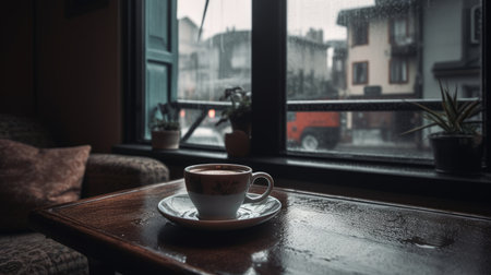 Cozy feeling of enjoying coffee on a rainy day. AI generated illustrationの素材
