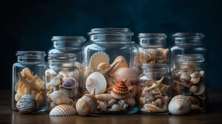 Collection of seashells in a glass jar. AI generated illustrationの素材
