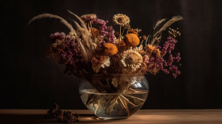 Dried flowers arranged in a glass vase. AI generated illustrationの素材