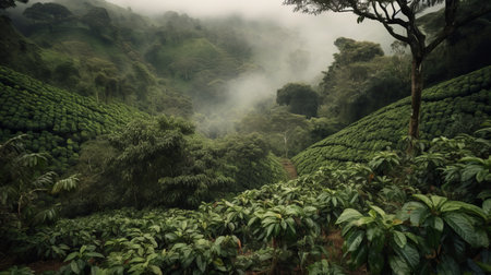 Invigorating aroma of a coffee plantation. AI generated illustrationの素材