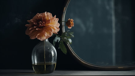 Single flower in a vase with an antique mirror. AI generated illustrationの素材