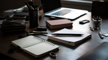 Desk with a laptop, notepad, and pen. AI generated illustrationの素材