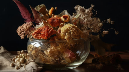 Dried flowers arranged in a glass vase. AI generated illustrationの素材