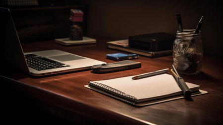 Desk with a laptop, notepad, and pen. AI generated illustrationの素材