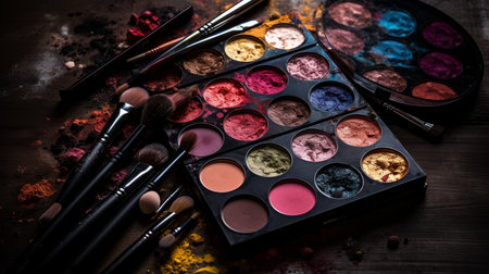 Makeup brushes and palette with lipsticks. AI generated illustrationの素材