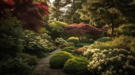 A few tall-stemmed green trees planted in a geometric pattern of raised beds. AI generated illustrationの素材