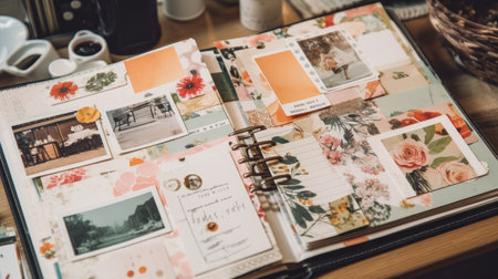 Scrapbook with photos and stickers. AI generated illustrationの素材