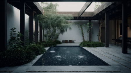 A minimalist courtyard with a chic pergola and sculptural water fountain. AI generated illustrationの素材