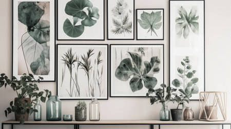 Wall art prints and frames with plants. AI generated illustrationの素材
