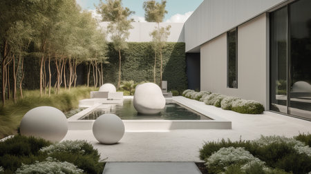 A clean-lined modern garden with a monochromatic color palette and statement sculptures. AI generated illustrationの素材