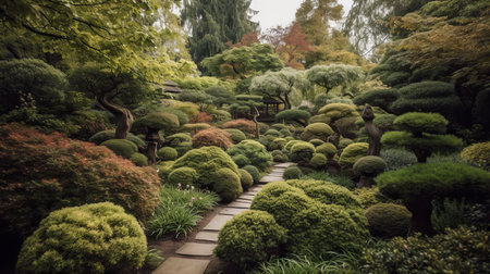 A few tall-stemmed green trees planted in a geometric pattern of raised beds. AI generated illustrationの素材