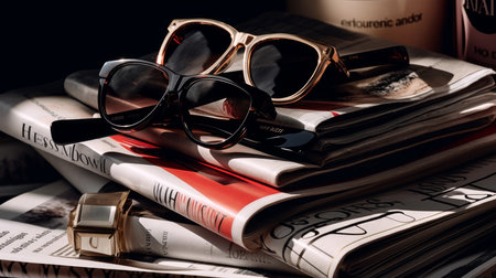 Stack of fashion magazines with sunglasses and lipstick. AI generated illustrationの素材
