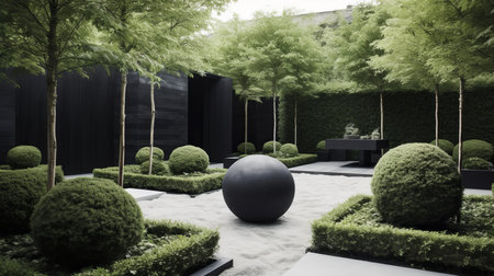 A clean-lined modern garden with a monochromatic color palette and statement sculptures. AI generated illustrationの素材